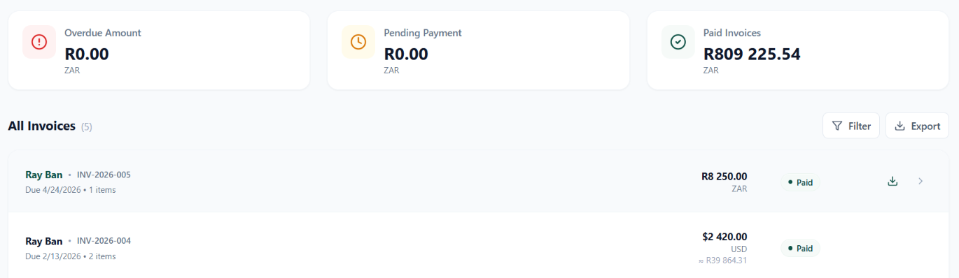 Accord invoices showing overdue and pending amounts, paid invoices and currency amounts